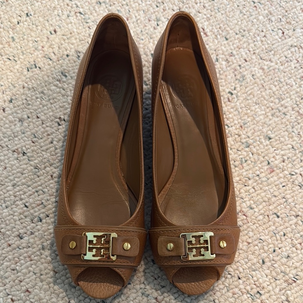 Tory Burch Brown Peep-Toe Wedges